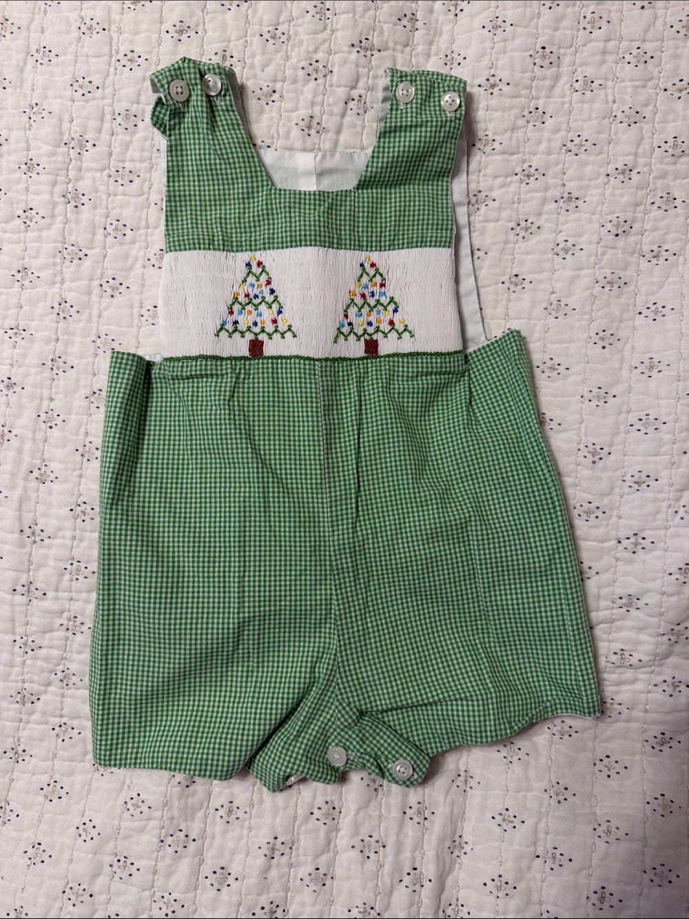 Green Gingham Smocked Christmas Tree Romper - Kids Bottoms